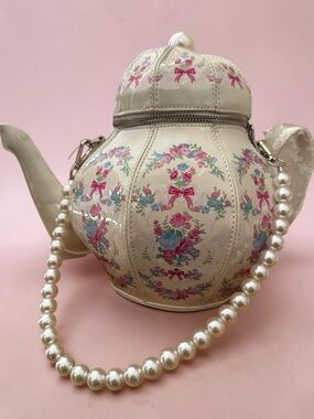 Pearl-Handle Cream Floral Teapot Crossbody Bag